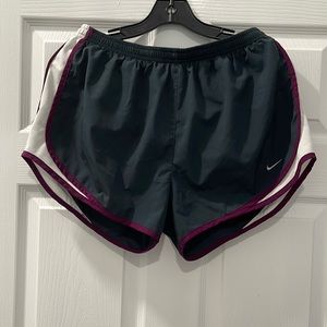 Nike dry fit running shorts dark gray w burgundy trim and white detail sides